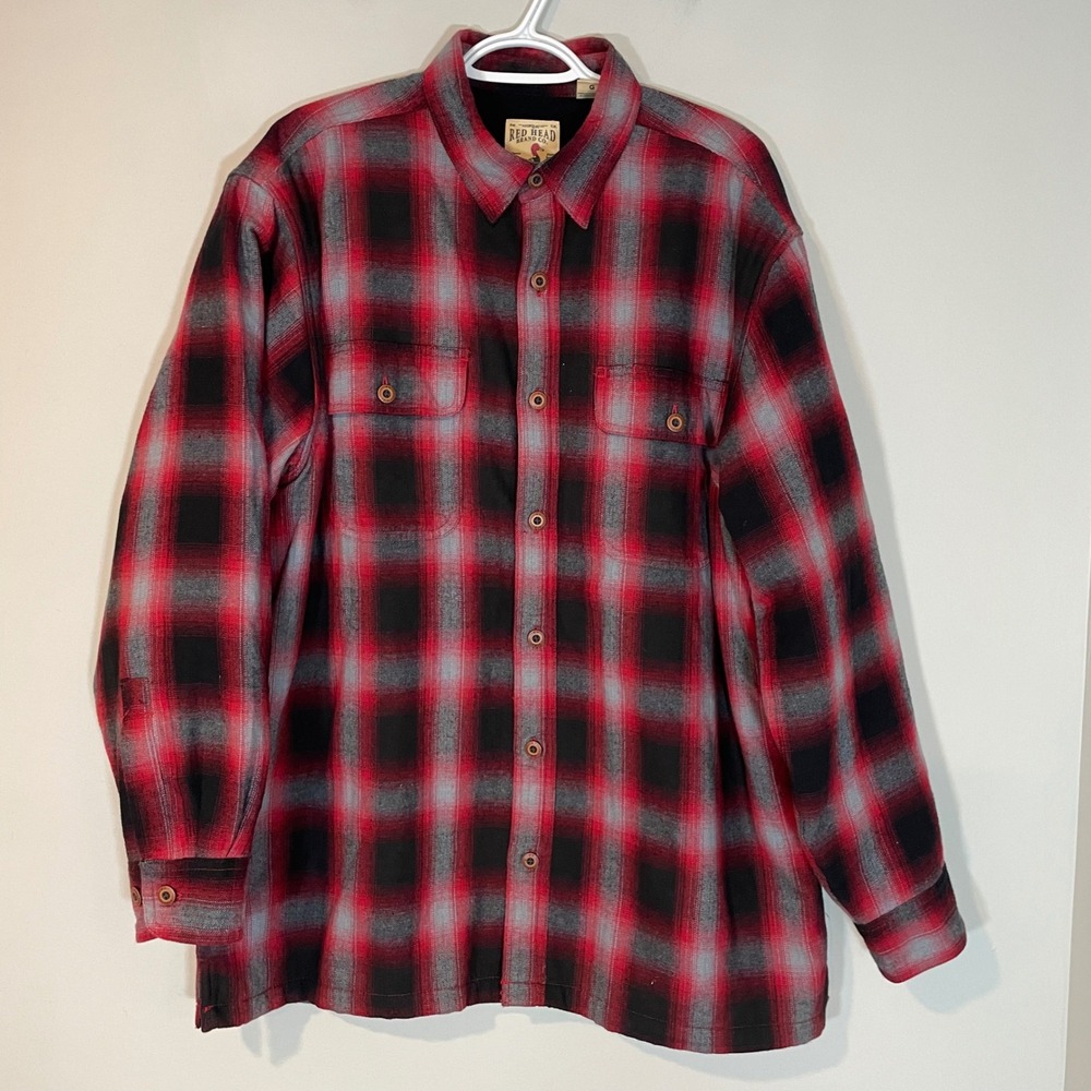 Red Head Mens L‎ Fleece Lined Flannel Shirt Red Black Plaid Heavy Shacket Warm
